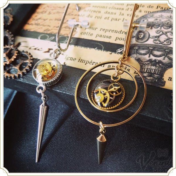 ぶら下げイヤーカフ S歯車とトゲ・黒リング イヤーフック イヤーカフ